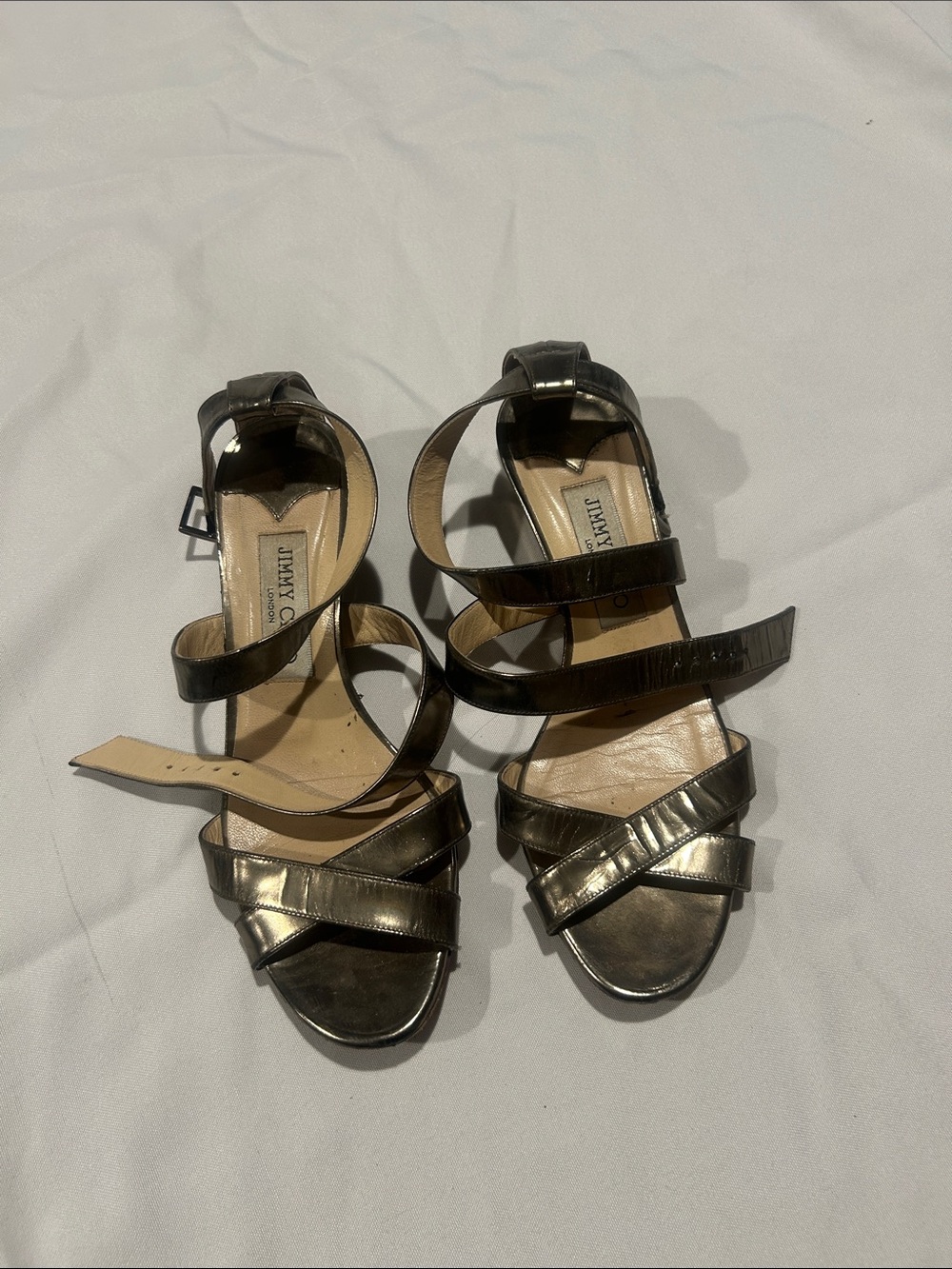 Jimmy Choo Metallic Pewter Strappy Heels